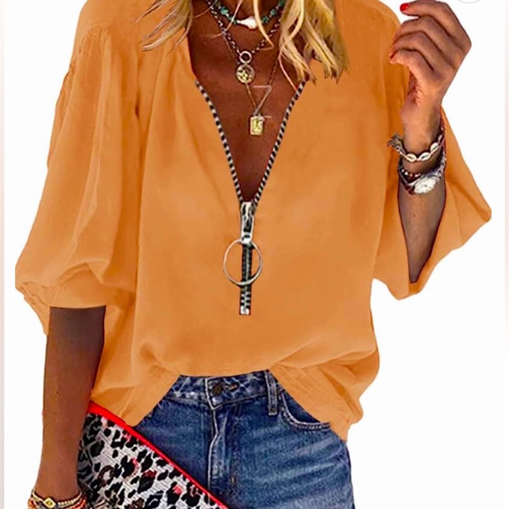 2 pack ORANGE & GREEN blouses zipper detail